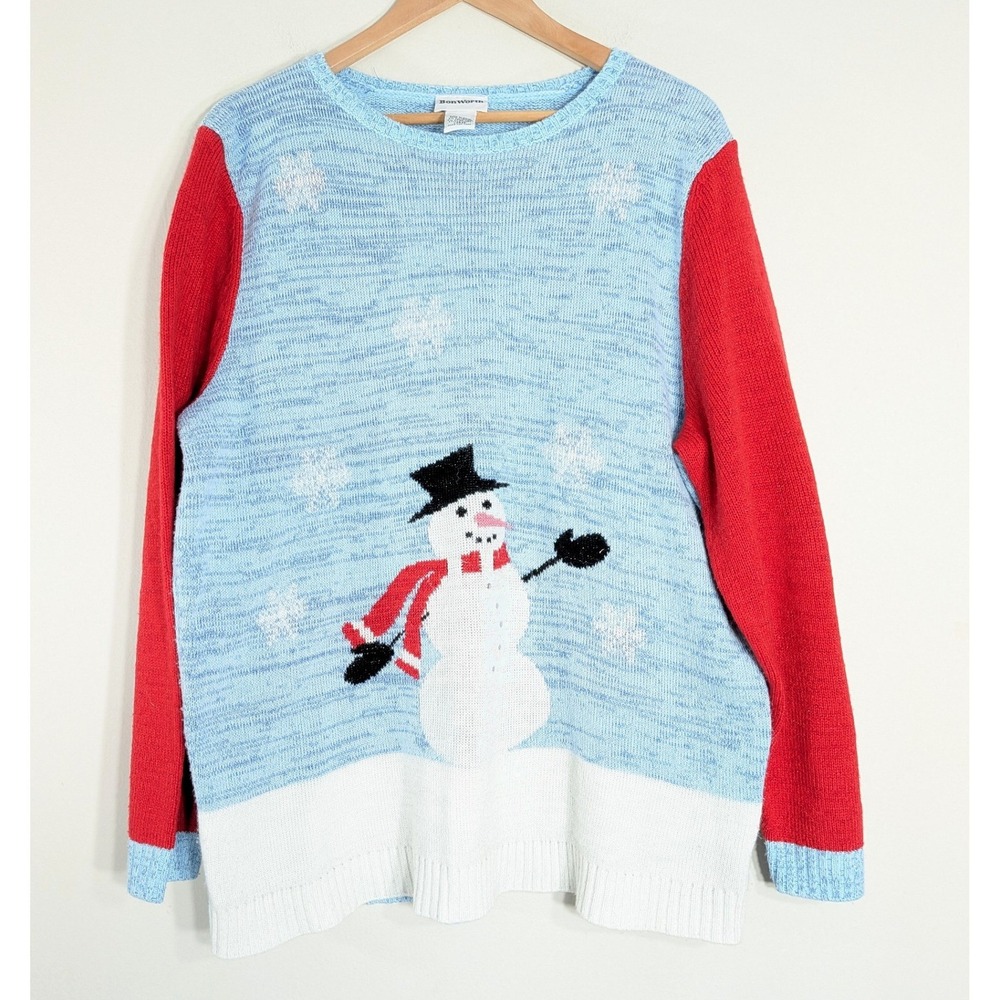 Christmas Snowman Sweater; Lurex Sparkle, Red Sleeves, Holiday